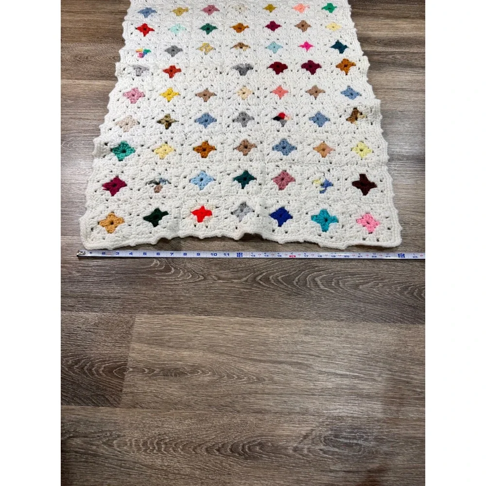 Vintage Handmade Crochet Granny Square Baby Blanket White Multi Color Boho Throw